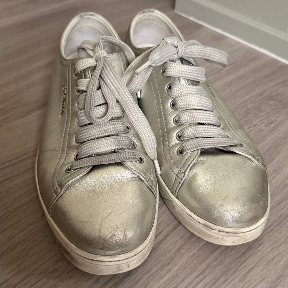Prada Metallic Silver Leather Low Top Sneakers, size 38.5 - Picture 4 of 15